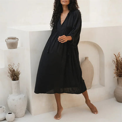 Puff Sleeve Tie Front Midi Dress