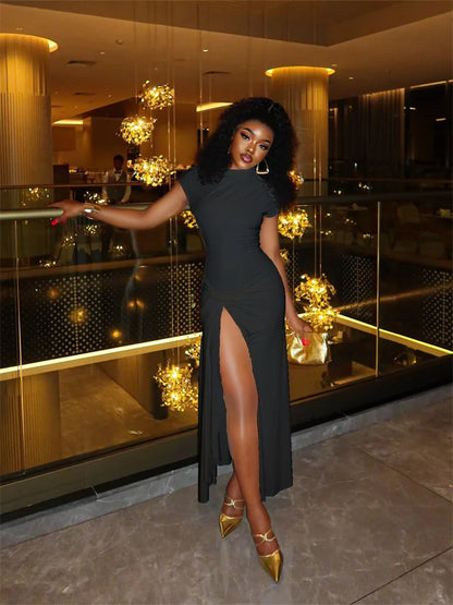 Draped Slash Neck Split Midi Dress