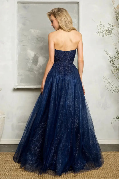 Navy Blue Lace Tulle Prom Dress