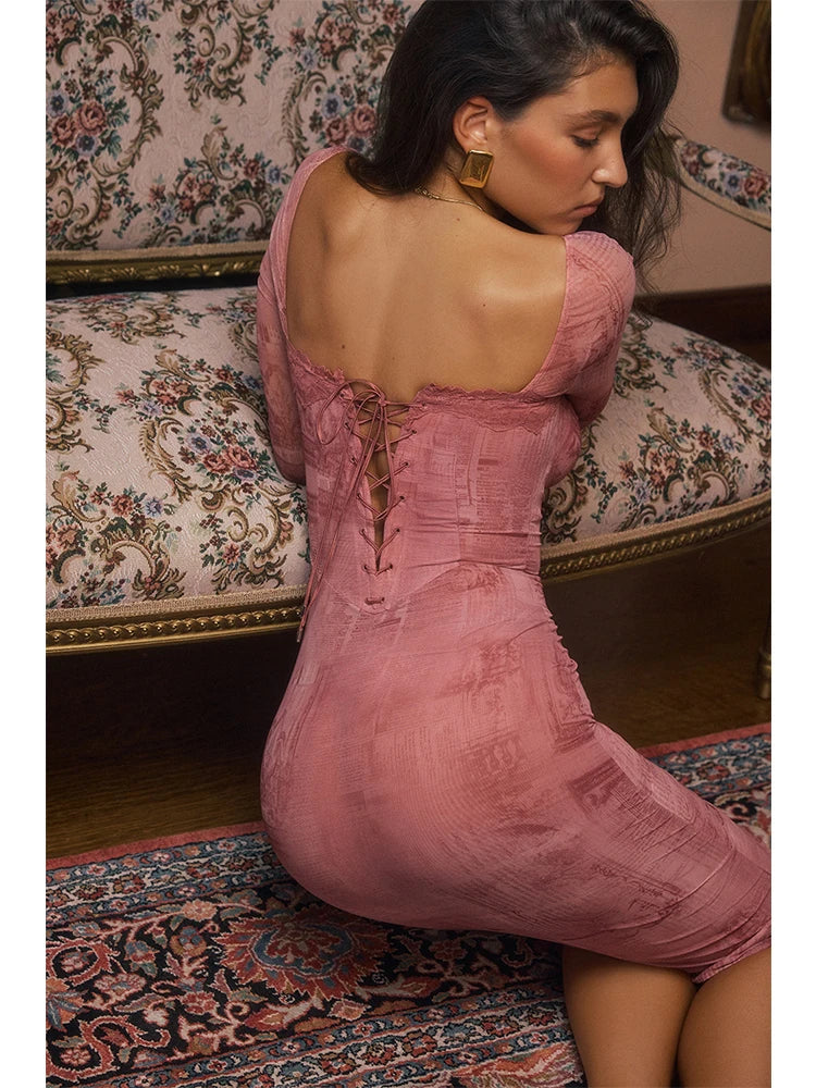 Print Bodycon Lace Side Backless Summer Dress