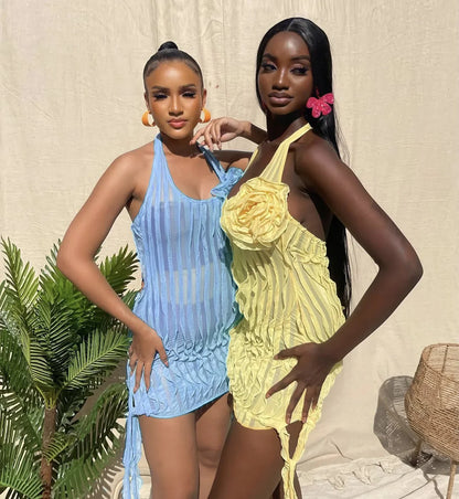 Hanging Neck Pleated Elegant Floral Dress