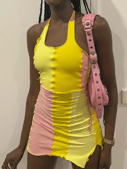 Contrast Stitch Halter Bodycon Gothic Mini Dress