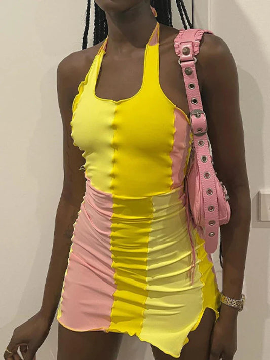 Contrast Stitch Halter Bodycon Gothic Mini Dress