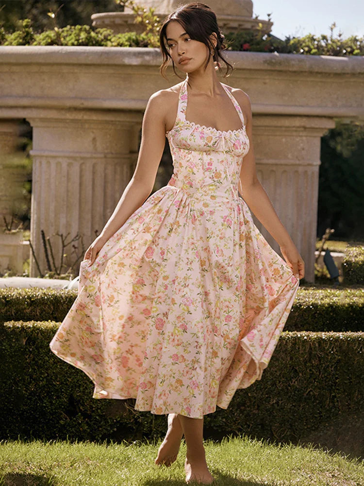 Print Wrap A-line Halter Midi Summer Dress