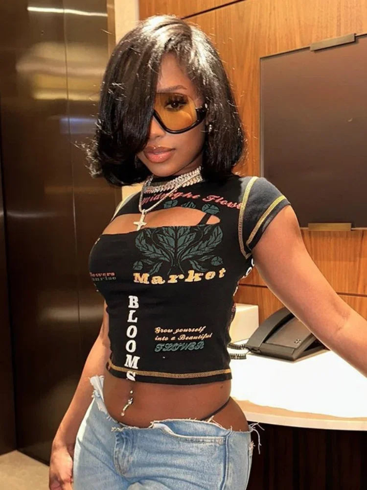 Hollow Out Print Y2K Crop Top