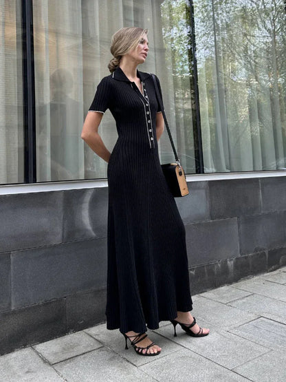 Denim Patchwork Knitted Short Sleeve Button Work Dress