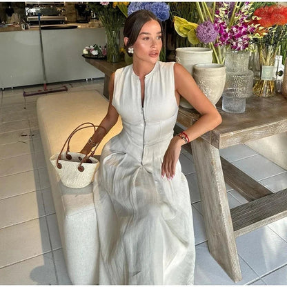 Sleeveless Spliced Zipper V-Neck Pleated Work Dress