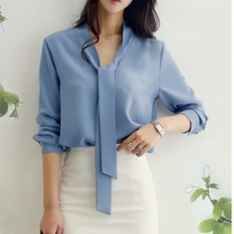 Casual Long Sleeve Bow Tie Fashion V-neck Chiffon Blouse