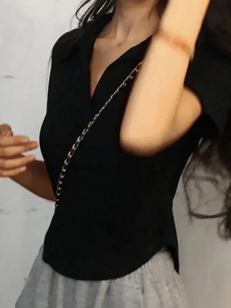 Solid V-Neck Lapel Retro Crop Top