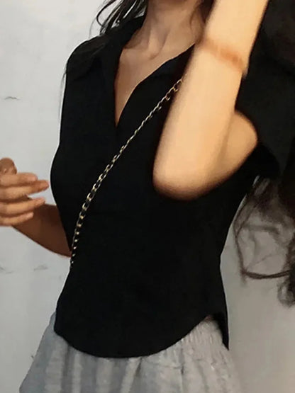 Solid V-Neck Lapel Retro Crop Top