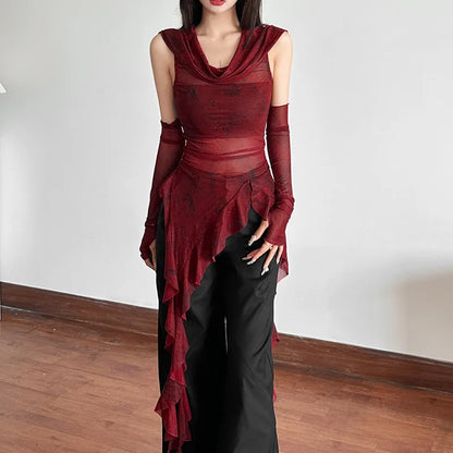 Cyber Grunge Mesh See Through Hooded Sheer Top