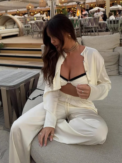 Satin Button Down Wide Leg Two Piece Pants Set