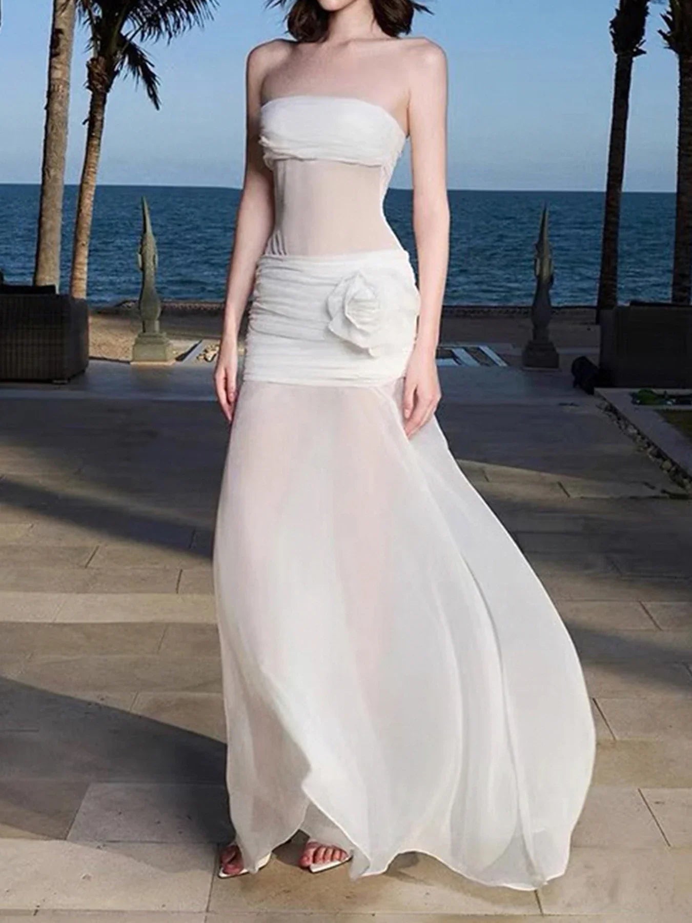 Patchwork Mesh Slash Neck Floral Dress