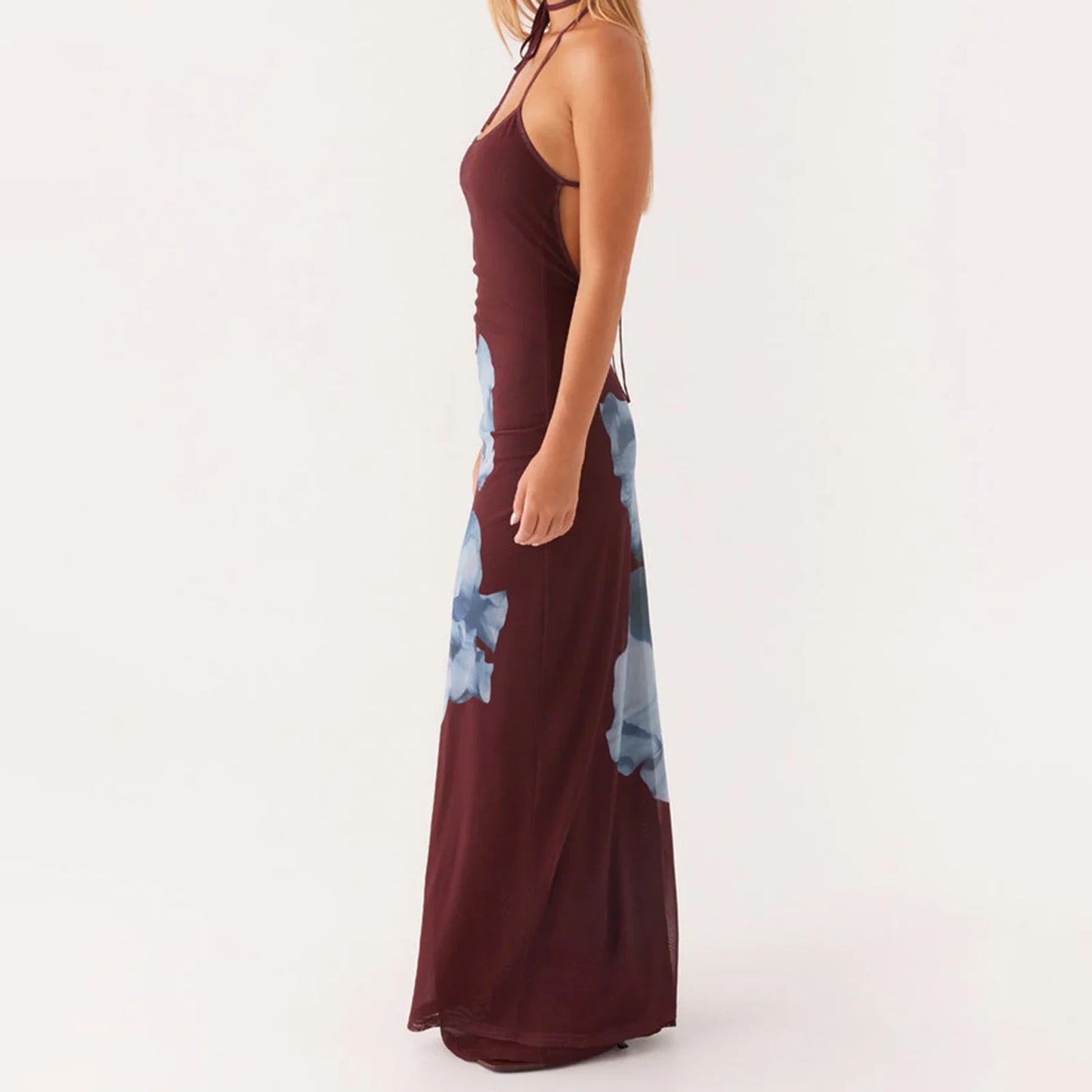 Sleeveless Lace-up Open Back Floral Print Slip Dress