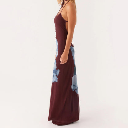 Sleeveless Lace-up Open Back Floral Print Slip Dress