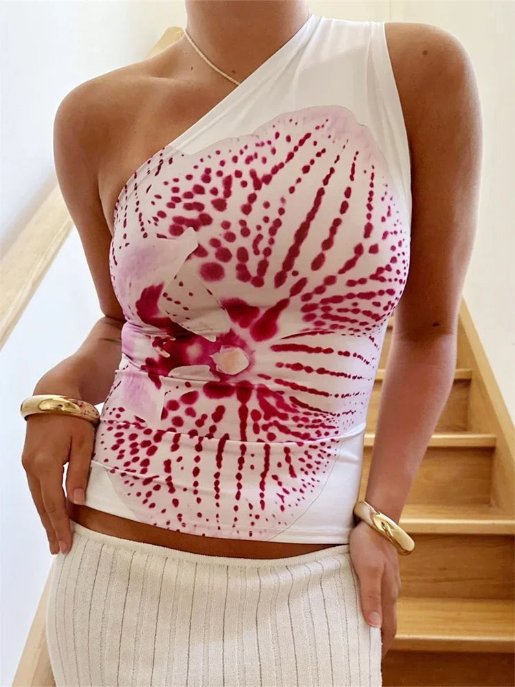 One Shoulder Vintage Floral Slash Neck Cami Top
