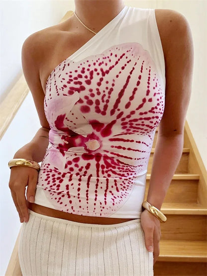 One Shoulder Vintage Floral Slash Neck Cami Top