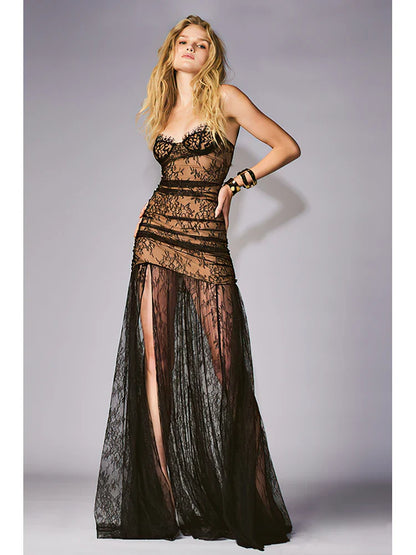 Spaghetti Strap Folds Split Elegant Lace Dress