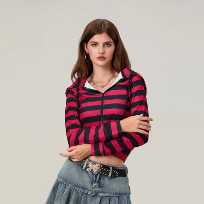 Striped Contrast Zip Cropped Hoodie