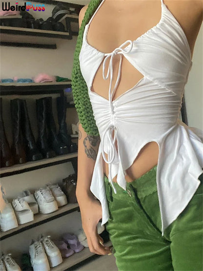 Shirring Irregular Hollow Backless Y2K Cami Top