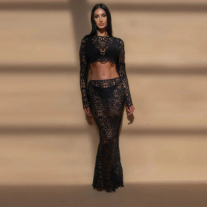 Crochet See Through Flare Sleeve Long Two Piece Skirt Set