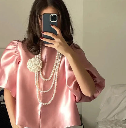 Satin Lantern Sleeve Ruffle Blouse