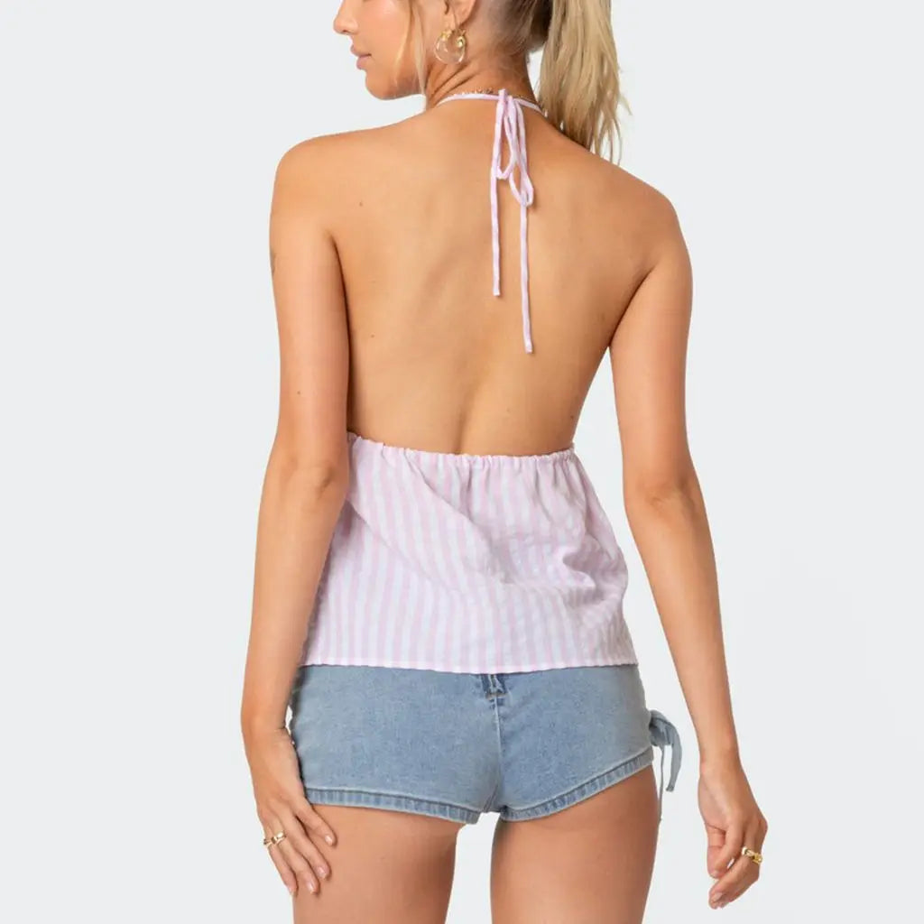 Y2K Striped Backless Tie-Up Front Halter Cami Top