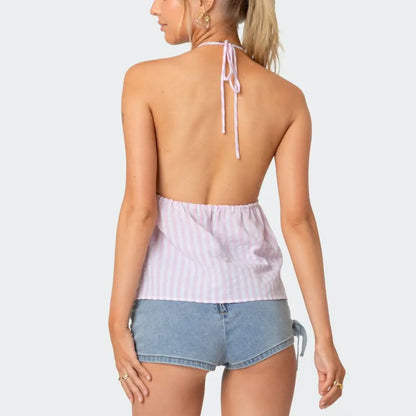Y2K Striped Backless Tie-Up Front Halter Cami Top