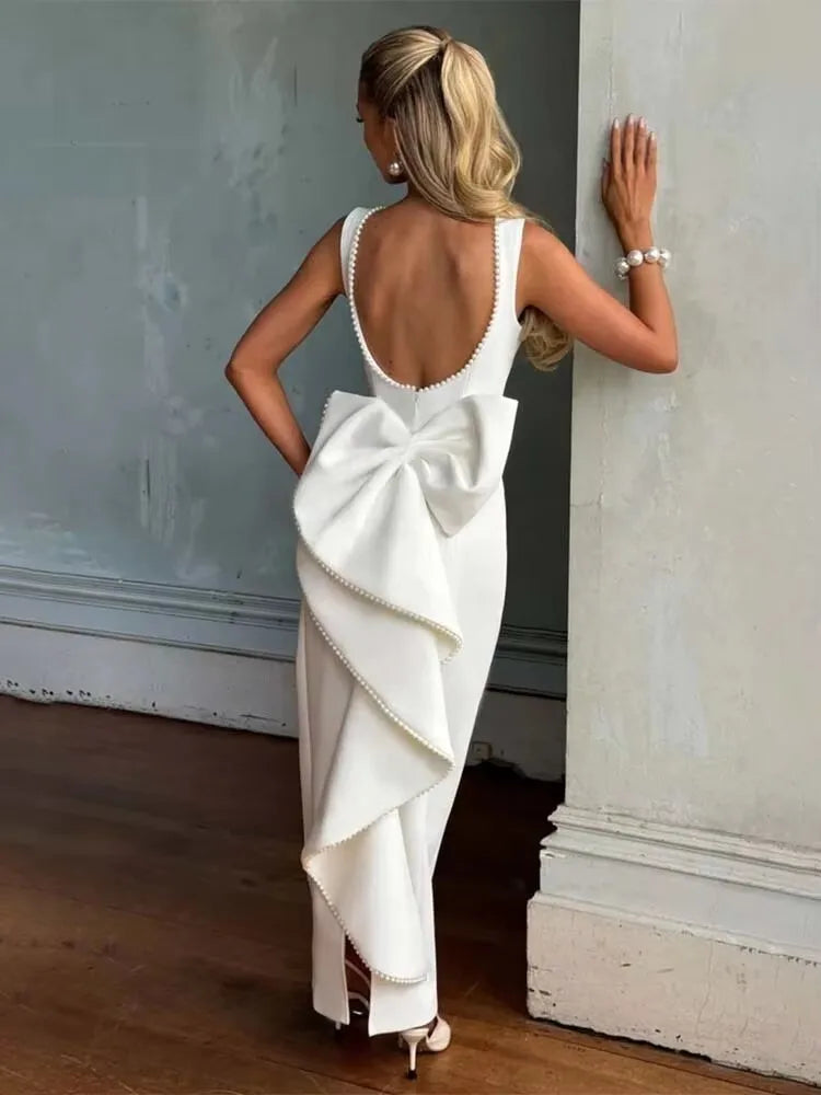 Pearl Bow Waist Wrap Backless Mini Dress