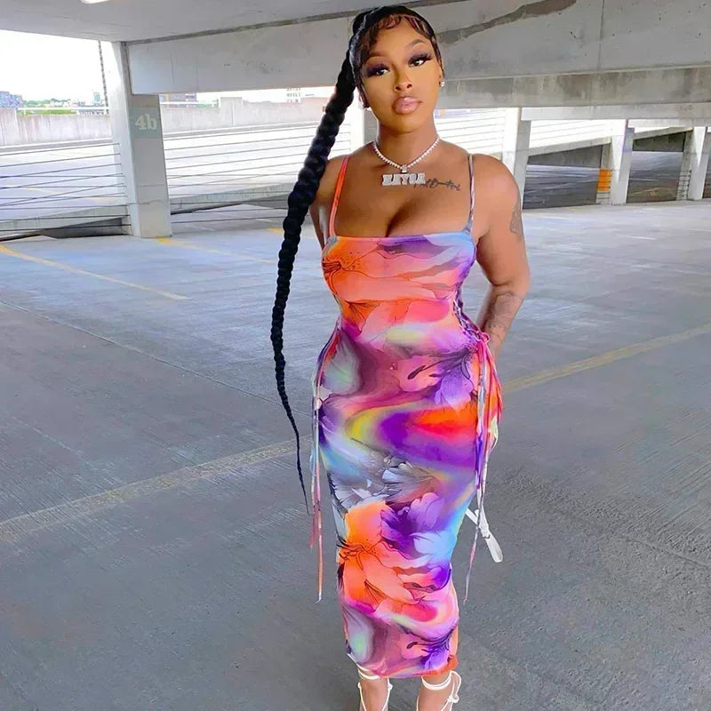 European Style Strap V Neck Midi Dress