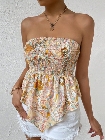 Irregular Hem Print Slim Fit Strapless