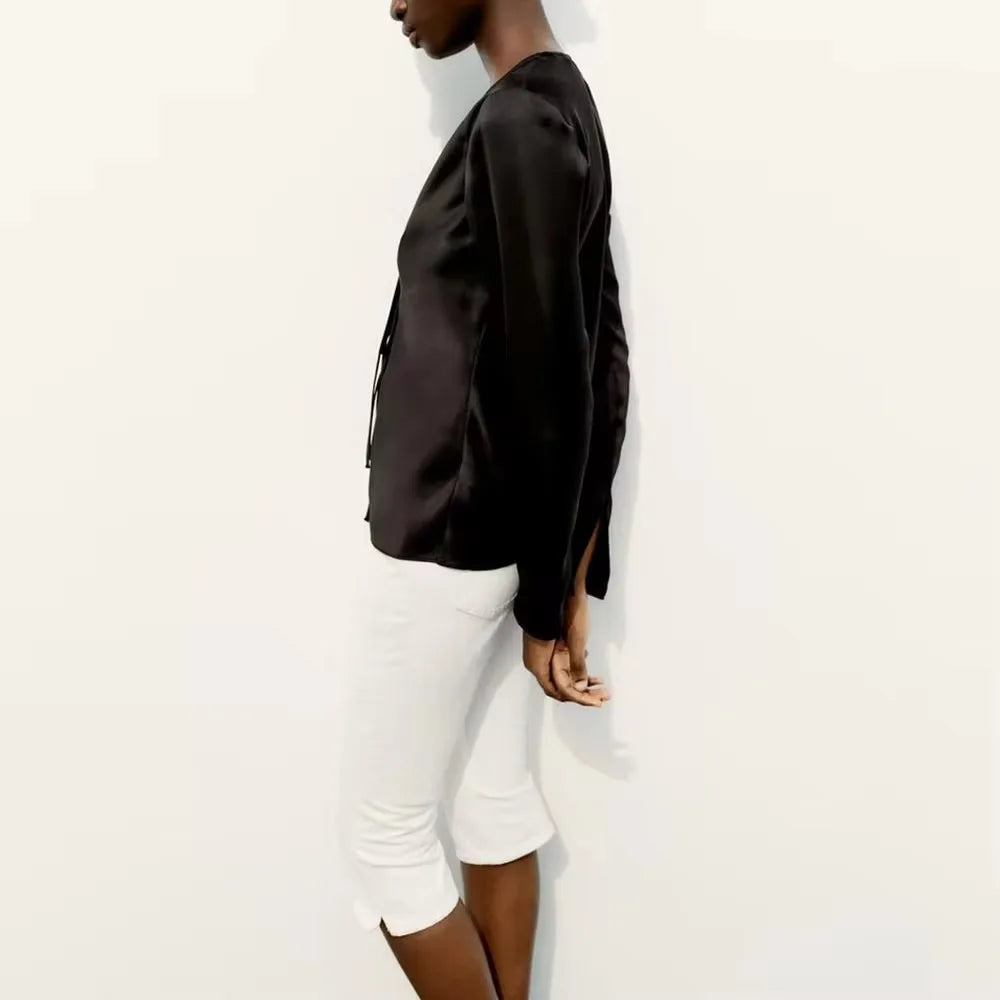 Women's Fashion V-neck Tie Up Bow Silk Satin Blouse