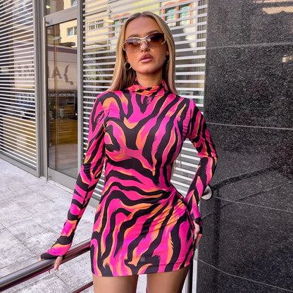 Zebra Print Long Sleeve Wrap Mini Dress