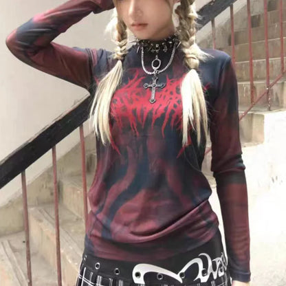 Grunge Aesthetics Print Mesh Sheer Top