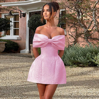 Jacquard Bow Strapless Backless Mini Dress