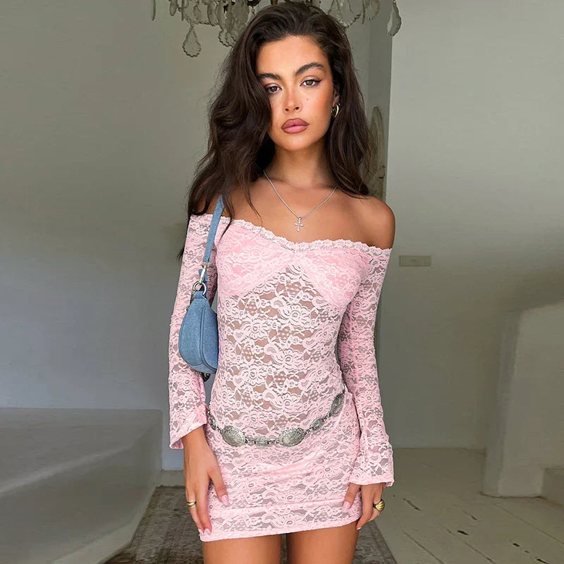Strapless Solid Long Sleeve Mini Lace Dress