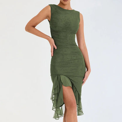 Mesh Tight Backless Irregular Pleated Work Dress