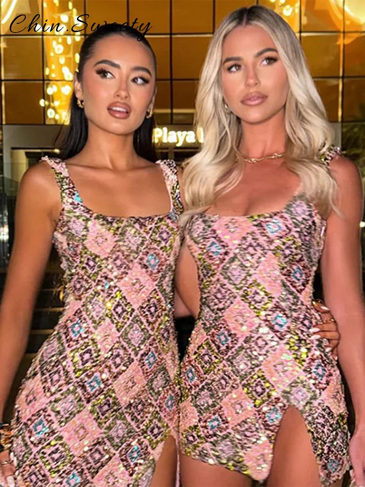 Sequined Square Collar Sling Mini Dress