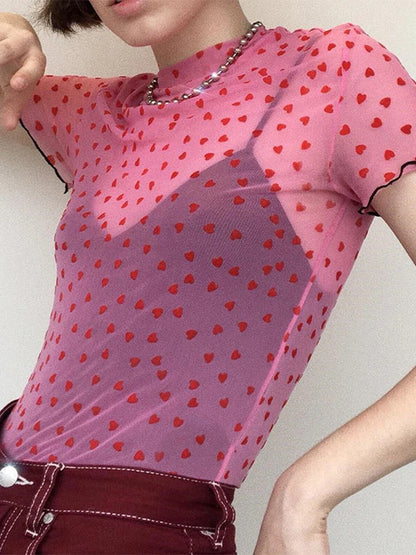 Mesh Heart Turtleneck Sheer Top