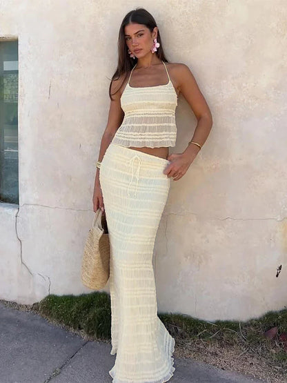 Mesh Sheer Lace-Up Backless Black Two Piece Skirt Set