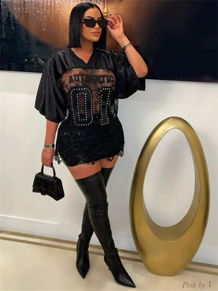 Rhinestone Lace V-neck T-shirt