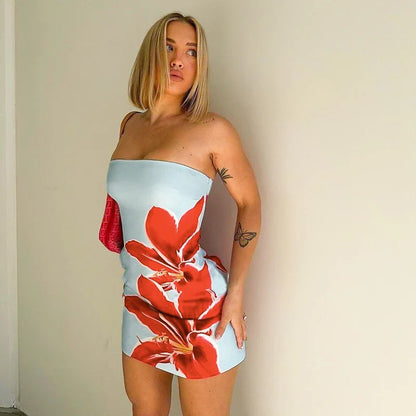 Strapless Blue Backless High Waist Floral Dress