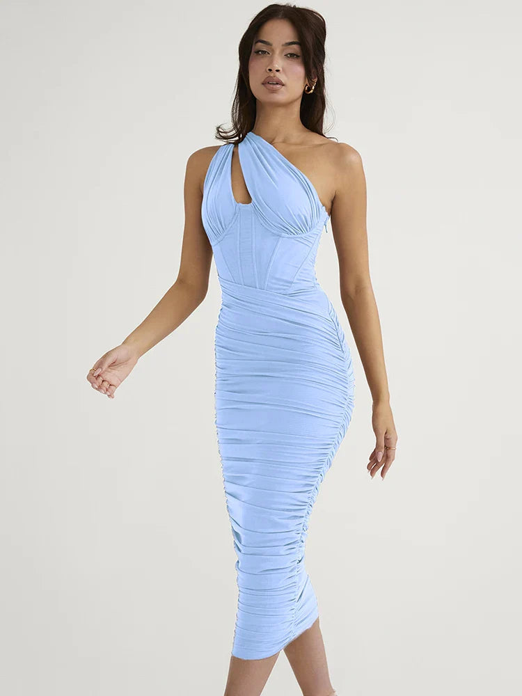Mesh One Shoulder Backless Ruched Midi Dress