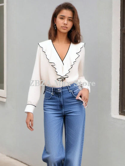 Women's Contrast Pleated Ruffle V-neck Long Sleeve Blouse