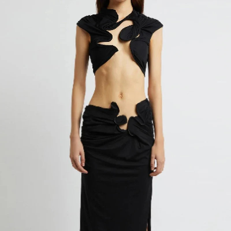 Chic Irregular Mini Tank Long Ruffles Solid Elastic Two Piece Skirt Set