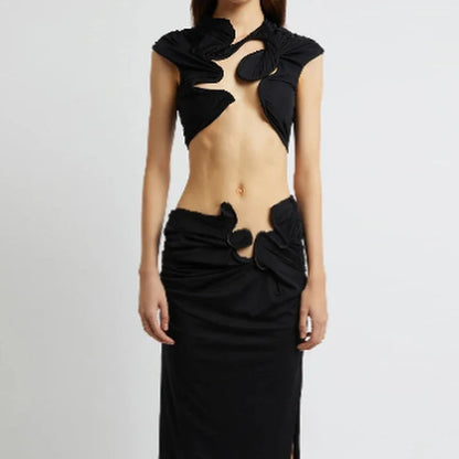 Chic Irregular Mini Tank Long Ruffles Solid Elastic Two Piece Skirt Set