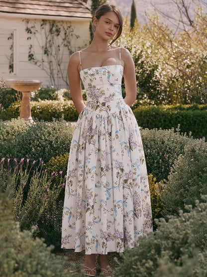 Pleated Print A-line Spaghetti Summer Dress