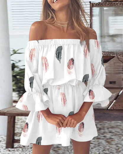 Slash Neck Flare Sleeve Mini Floral Dress