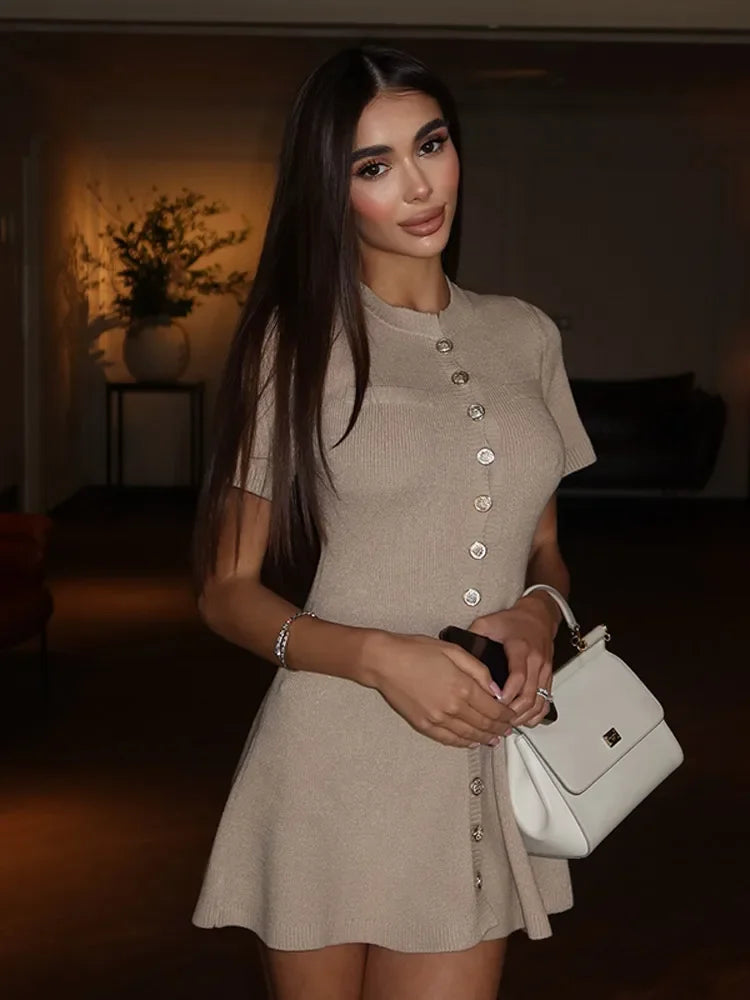 Contrast Single Breasted Knitted A-Line Work Dress