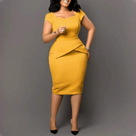 Peplum Pencil Knee Length Solid Color Office Work Dress